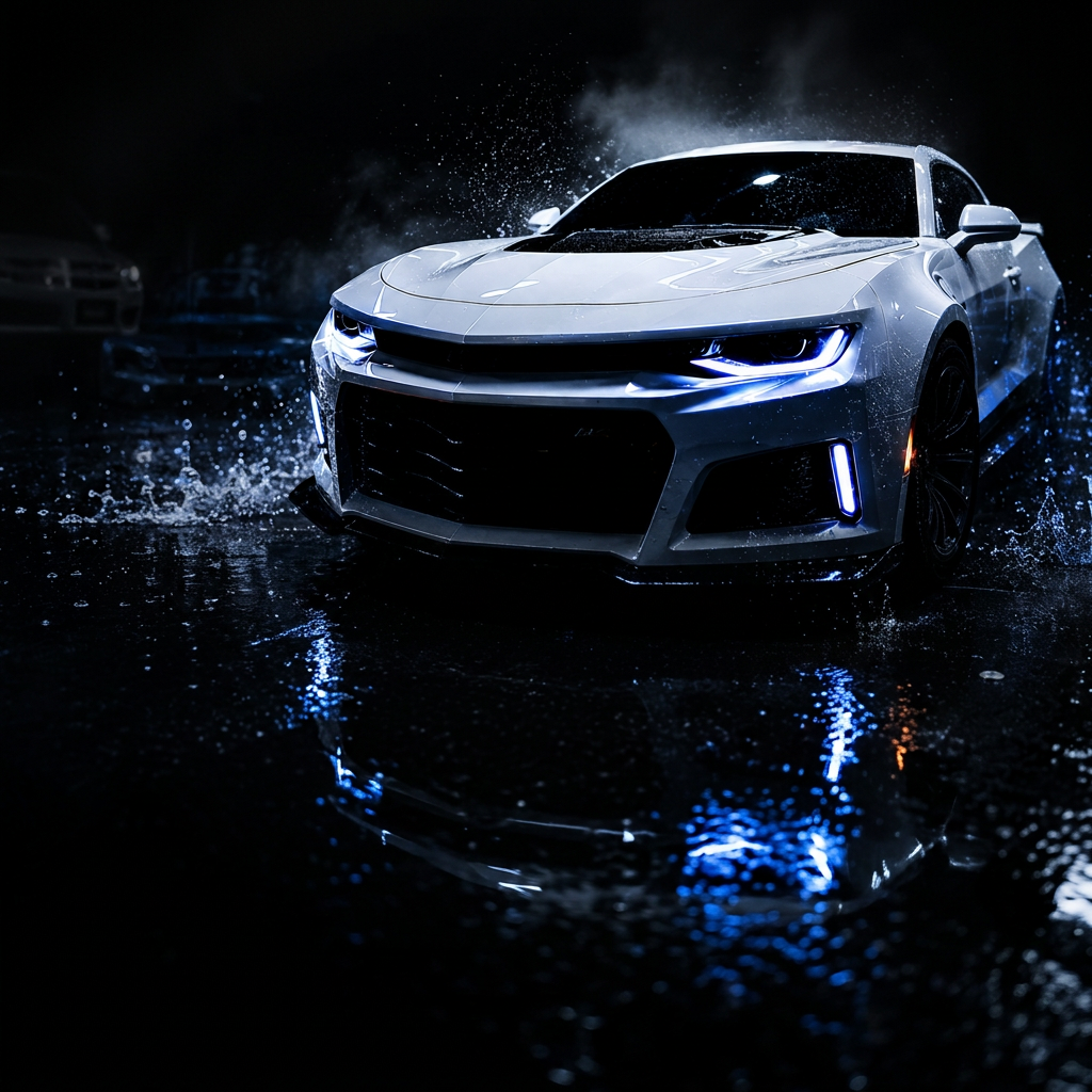 Voiture blanche aux phares bleus, visuel Auto Pro Lavage Prestige
